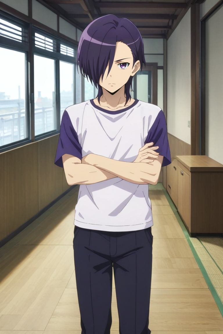score_9, score_8_up, score_7_up, source_anime, rating_safe, intricate details, anime screencap, , , looking at viewer, , 1boy, solo, male focus, <lora:hanzou_urushihara_pony:0.74>, hanzou_urushihara, purple hair, purple eyes, hair over one eye, short hair, , full body, dining room, indoors, dark, arms under breasts, sparkling eyes, chinos,, <lora:sdxl_lightning_8step_lora:1>