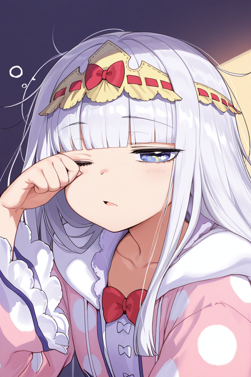 masterpiece, best quality, amazing quality,
 <lora:Syalis_IL:1> syalis, 1girl, star in eye, symbol in eye, long hair, red bow, solo, bangs, sleepy, polka dot, blunt bangs, default outfit