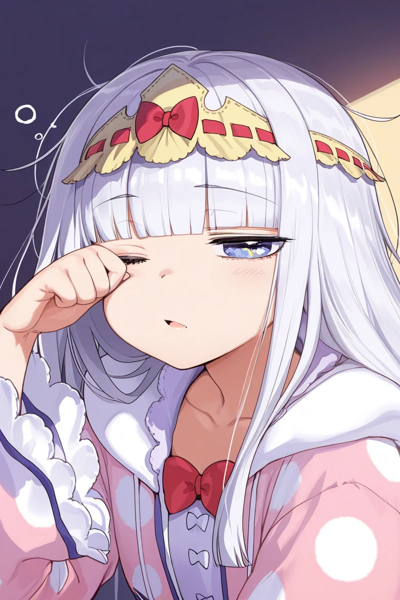 masterpiece, best quality, amazing quality,
<lora:Syalis_IL:1> syalis, 1girl, star in eye, symbol in eye, long hair, red bow, solo, bangs, sleepy, polka dot, blunt bangs, default outfit