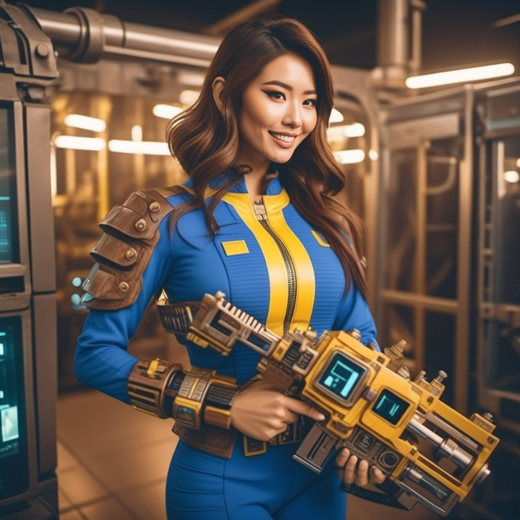 cinematic photo a brunette asian woman wears a blue outfit with yellow stripes, wears a big bracelet with square screen, smiles and holds a machinegun, retrofuturism <lora:FalloutVault1024:0.8> . 35mm photograph, film, bokeh, professional, 4k, highly detailed