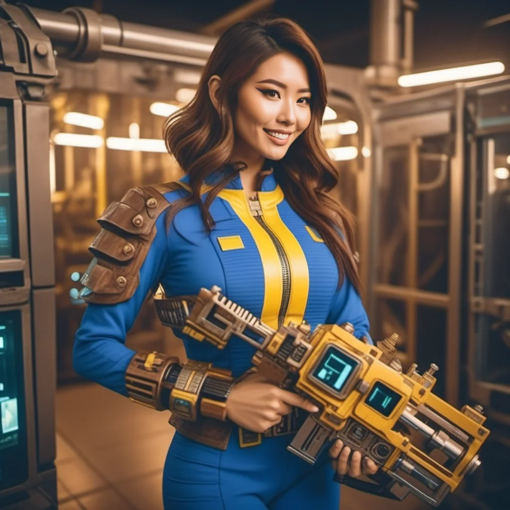 cinematic photo a brunette asian woman wears a blue outfit with yellow stripes, wears a big bracelet with square screen, smiles and holds a machinegun, retrofuturism <lora:FalloutVault1024:0.8> . 35mm photograph, film, bokeh, professional, 4k, highly detailed