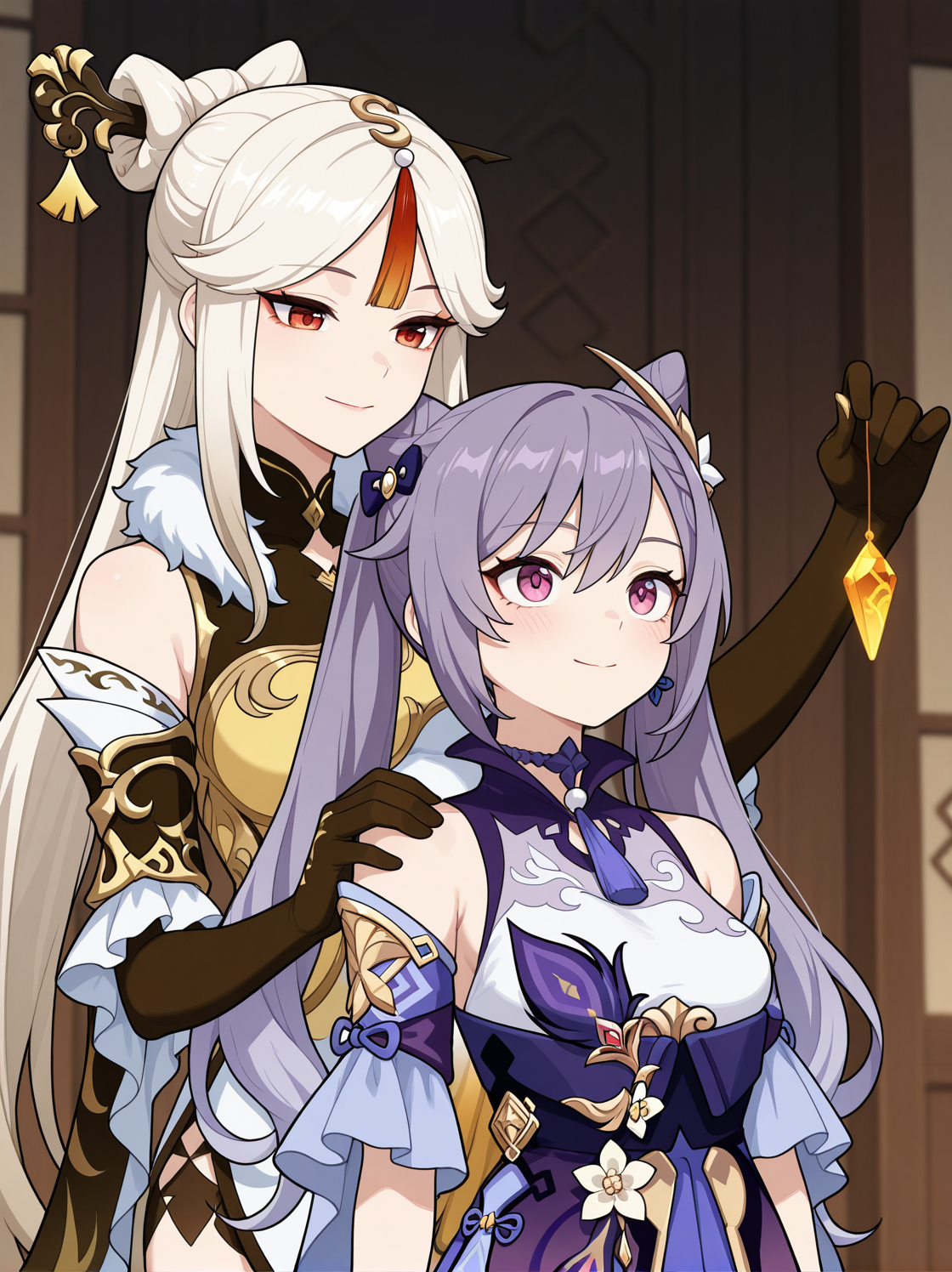 masterpiece, best quality, amazing quality, very aesthetic, absurdres,  newest, , 2girls, standing, ningguang \(genshin impact\), keqing \(genshin impact\),  upper body, smile, small breasts, holding, gem, 
 <lora:Crystal_on_string_v2_il:0.6:hr=0.3> crystal on string, standing from behind