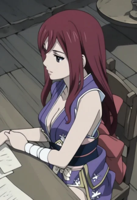 score_9, score_8_up, score_8, dining room, fancy table, romantic, 
BREAK
1 girl, Erza_Scarlet, Robe_of_Yūen, brown_eyes, red_hair, long_hair, large_breasts, japanese_clothes, obi, kimono, bandages, sash, cleavage, sleeveless, content
sitting in chair
