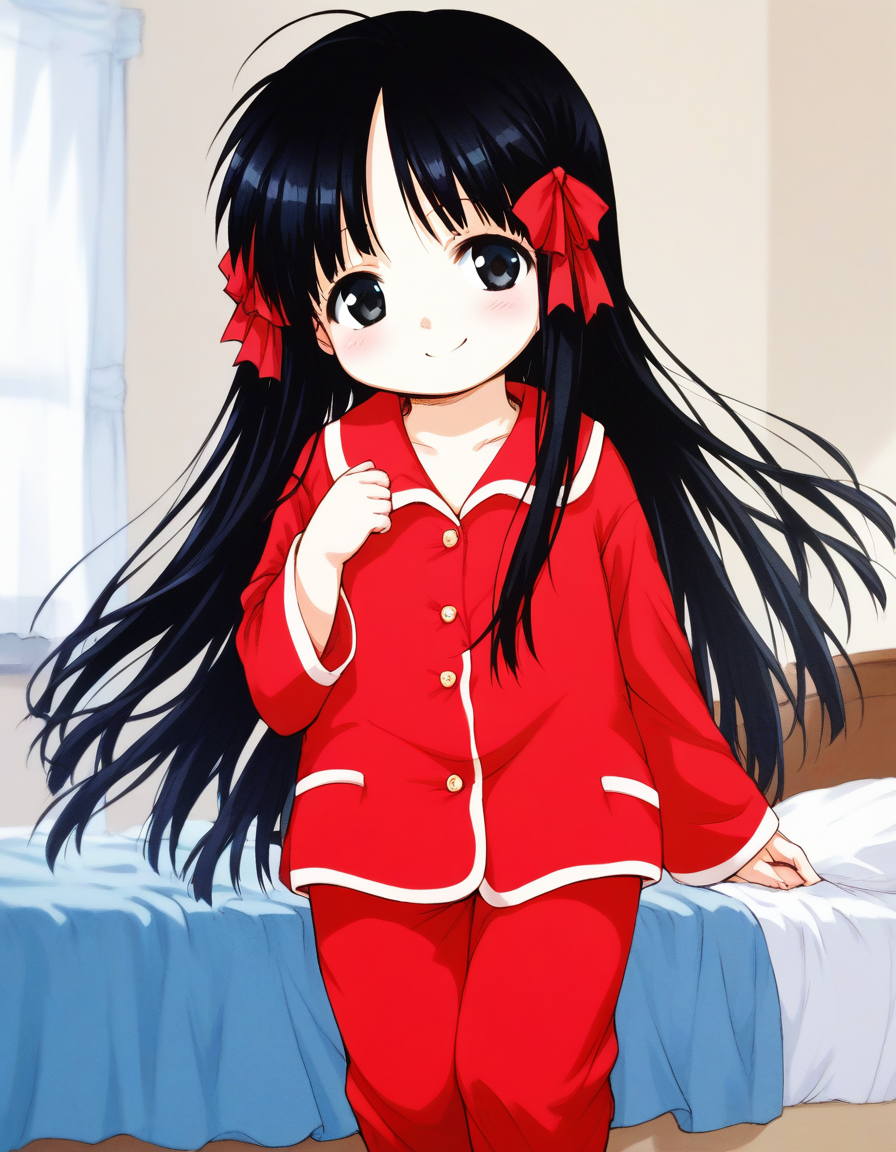 score_9, score_8_up, score_7_up, source_anime, rating_explicit, BREAK  <lora:Hoshino_Hina_XL:1> Hoshino_Hina, long hair, black hair, black eyes, hair ribbon, short stack,
red pajamas, long pants,
bedroom,
smile,
looking at viewer, 
cowboy_Shot,