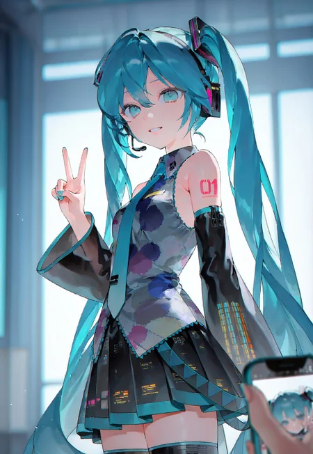suzumi \(ccroquette\), tell your world \(vocaloid\), vocaloid, hatsune miku, 1girl, 1other, aqua eyes, aqua hair, aqua nails, aqua necktie, arm at side, arm tattoo, armpit crease, bare shoulders, black skirt, blurry, blurry background, blurry foreground, cellphone, cellphone photo, character name, collared shirt, cowboy shot, depth of field, detached sleeves, fingernails, grey shirt, grin, hair between eyes, hair ornament, hand up, headphones, headset, holding, holding phone, indoors, light particles, long hair, long sleeves, looking at viewer, media player app, miniskirt, necktie, number tattoo, open mouth, parted lips, phone, pleated skirt, pov, pov hands, shirt, skirt, sleeveless, sleeveless shirt, smartphone, smile, solo focus, standing, tattoo, timestamp, twintails, v, very long hair, wide sleeves