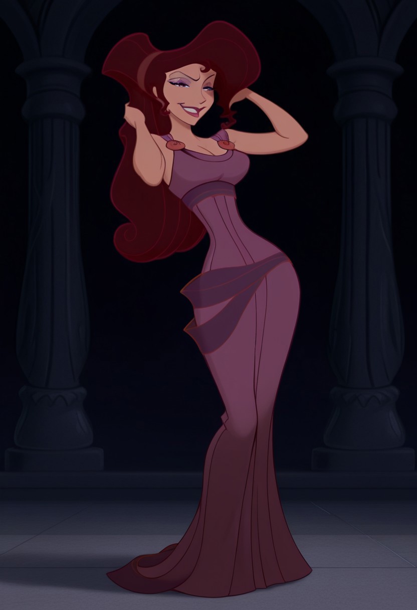 1girl, masterpiece, best quality, amazing quality, absurdres, <lora:Megara__Illustrious:1> m3g4r4, megara (hercules disney), long hair, tied hair, brown hair, purple eyes, purple Greek dress, cleavage, sexy makeup, lipstick, smiling, full body,