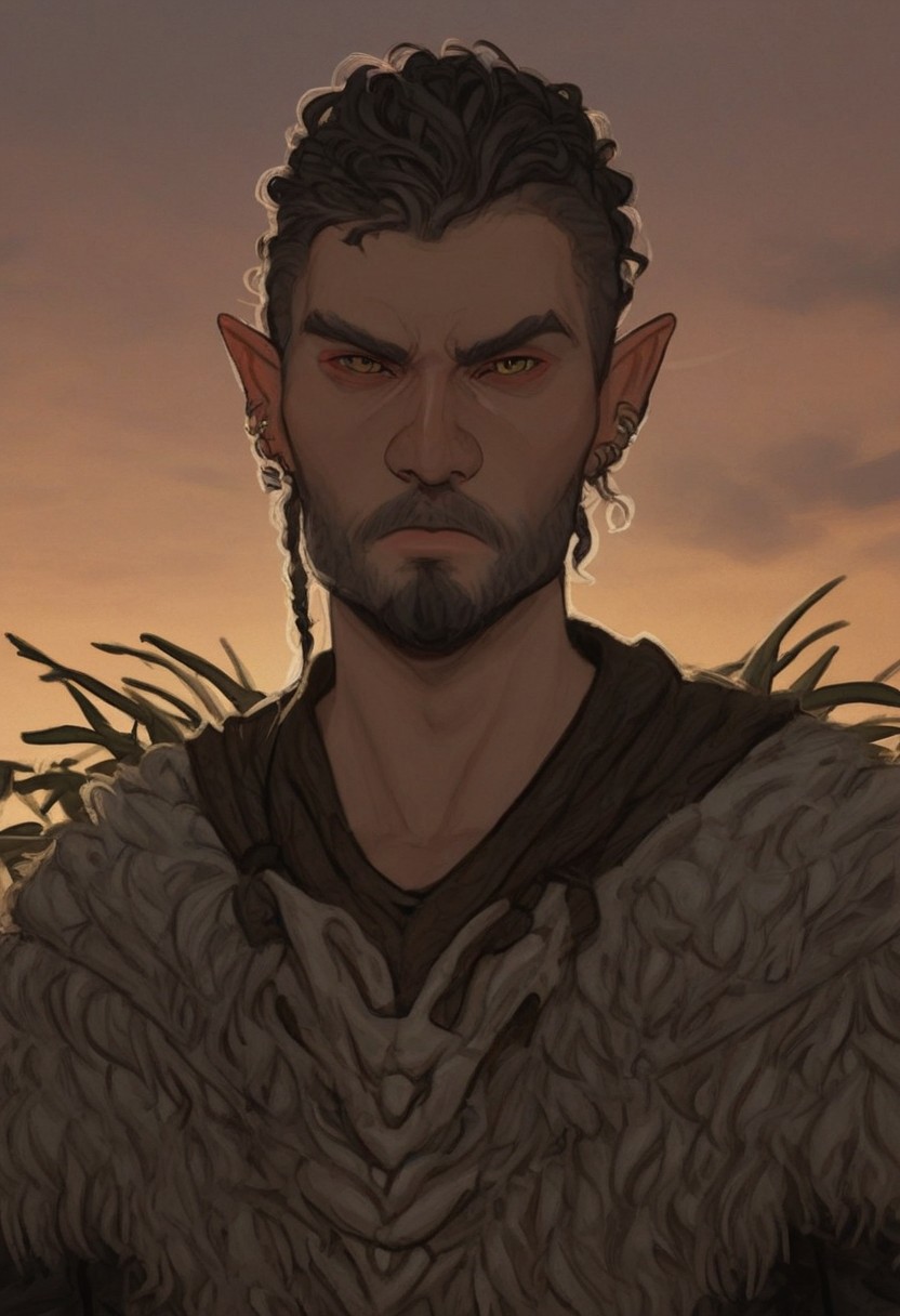 solo, short pointy ears, piercings, random elf face, aquiline features, male dark elf, masculine, facial hair, brow rings, beaded piercings, weathered skin, chiseled features, large nose, insect chitin armor, insect chitin helmet, insect chitin ornaments, stylized insect pattern, athletic build,  animated realism, zoomed out, Syrian features, torso, yurts, elegant berber tapestries, dead trees, ashy soil, grey green foliage, distant grey hills, sunrise, gloomy lighting, grey fabric awnings, dark wood posts, light dust clouds, grey-blue skin, mahogany and ivory clothes, medium armor, bone plate armor, ivory straps and fittings, alien bone ornaments, grey wood neckguard, red sclera, black pupils, blue-green light, neon, highly detailed, defined features, looking at viewer, three quarters view, from below, dynamic lighting, 29 years old, light and shadows, patterned cloth, annoyed expression, expressive eyes, detailed medieval clothes, short hair, wavy hair, thick hair, beaded hair, braided hair, under cut hair, semirealistic, alien elf, spanish features, jewish features, white grey hair, dark red hair, umber skin, sharp features, pastel green inuit print cloak, nighttime, high detail, absurdres, pretty eyes, detailed eyes, yellow eyes,