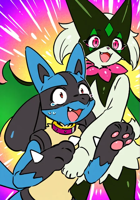 trpbb, eyeliner, tareme, thick eyelashes, pair, duo, furry female, lucario, meowscarada, pawpads, paws, body fur, collar, happy, excited, wide eyed, abstract background, gradient colors,
masterpiece, best quality, amazing quality