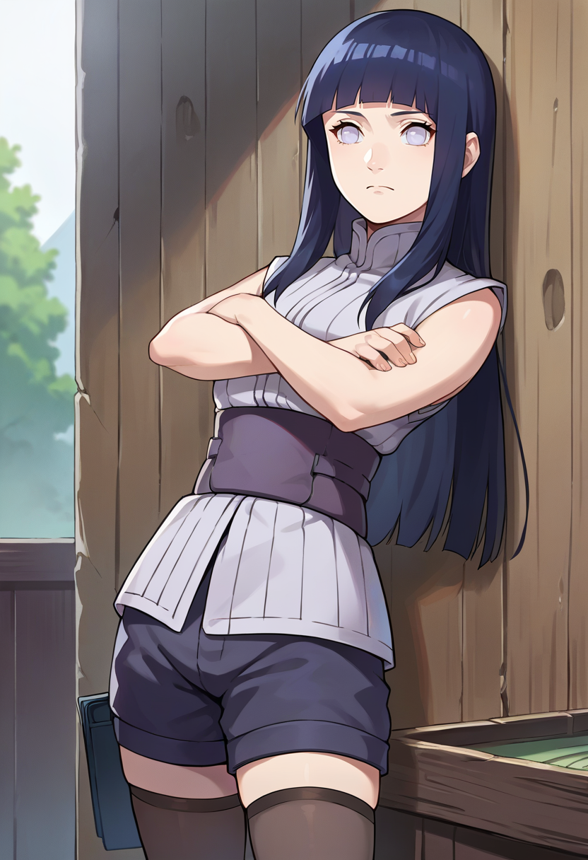 score_9, score_6_up, source_anime, 1girl, solo, cowboy shot, hinata_thelast, long hair, japanese clothes, obi, sleeveless, shorts, thighhighs, expressionless, arms crossed, leaning on object <lora:hinataXL:0.9>