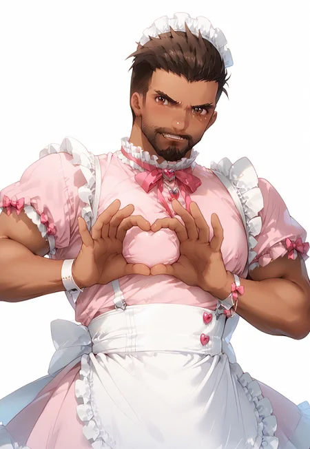 safe_pos, score_9, score_8_up, score_7_up, high quality, correct hands, correct fingers, 5-fingers, perfect face, perfect proportion, perfect anatomy, correct hand, perfect digits, perfect eyebrows, perfect eyes, defined face, 1male, mature male, solo, reaper /(overwatch)/, dark skin, short hair, brown hair, hazel eyes, undercut, beard, scar on face, muscular, bara, large pectorals, thick thighs, looking at viewer, dynamic pose, <lora:moe-moe-kyun-ponyxl-lora-nochekaiser:1> heart-shaped boob challenge, moe moe kyun! heart hands, enmaided, maid, maid headdress, apron, maid apron, pink dress
