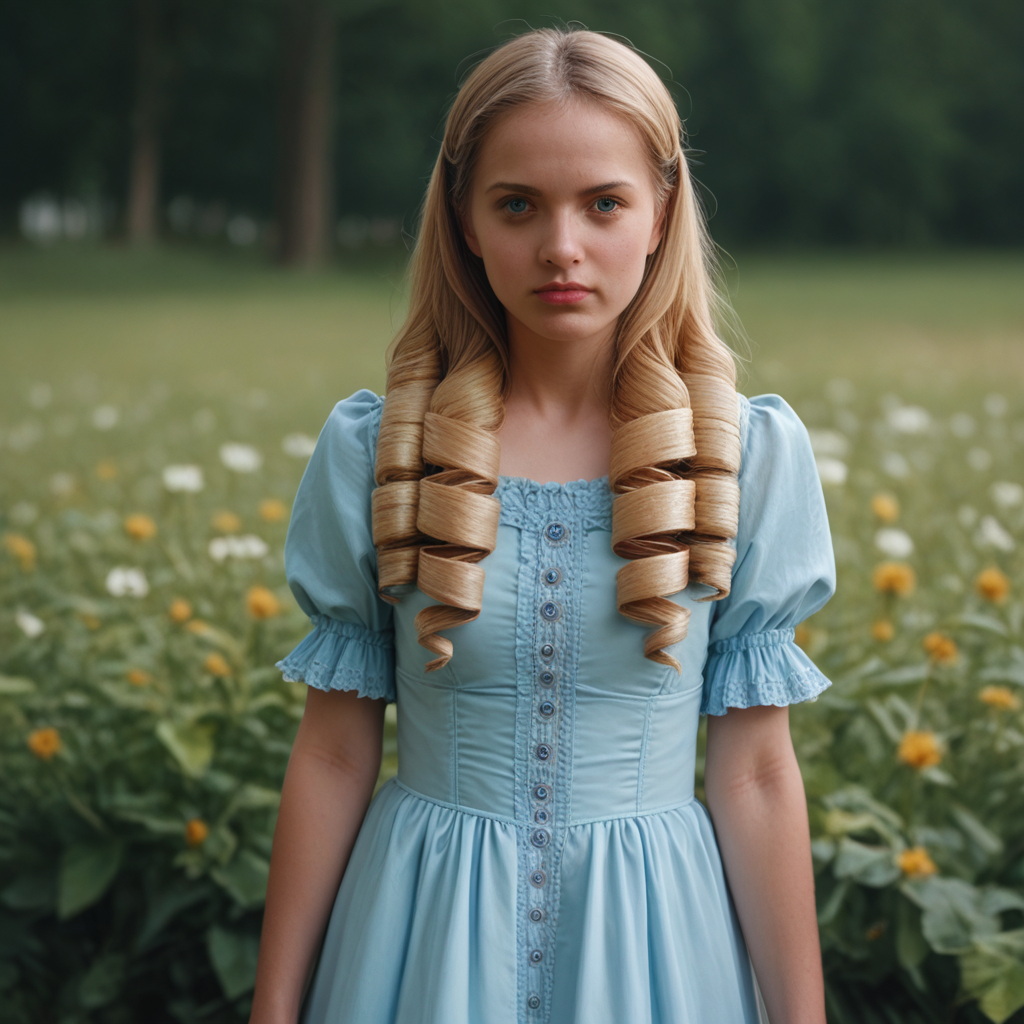 score_9_up, score_8_up, BREAK, HairDrill, drill hair, solo, 1girl, blonse hair, long hair, blue eyes, dress, cowboy shot, depth of field, realistic, <lora:HairDrills_Haircut_PXL_Leaf1:1>,
