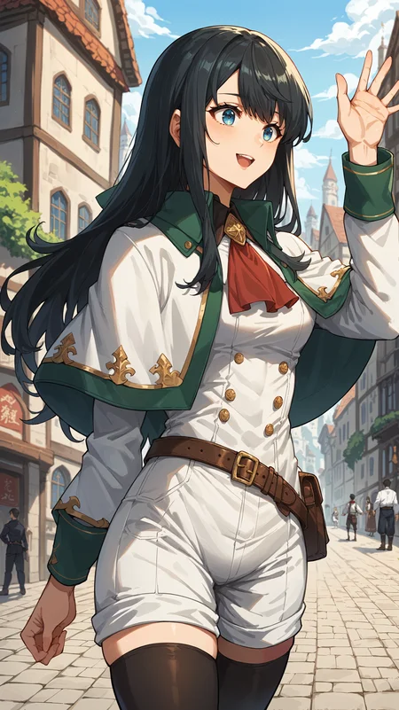 ADDCOMM score_9,score_8_up,score_7_up,score_6_up, source_anime, zPDXL3, <lora:xl_more_art-full_v1:0.5>, girl, waving, <lora:Suzune Inukami - Pony-000004:0.8>, long hair, black hair, bangs, blue eyes, white shirt, long sleeves, (white capelet), white shorts, black legwear, red ascot, belt, green trim, medieval city, fantasy city,