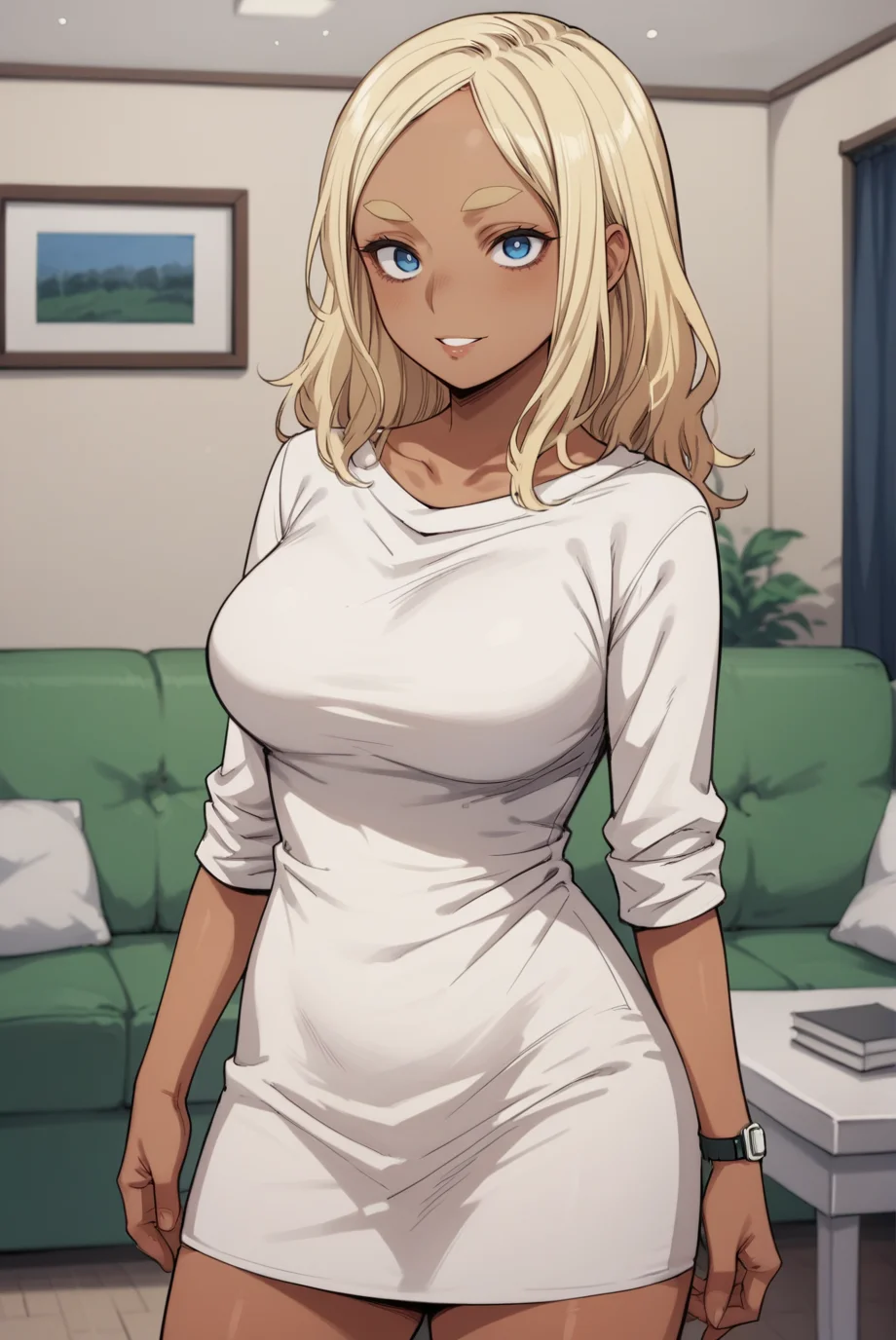 score_9, score_8_up, score_7_up, score_6_up, score_5_up, score_4_up, BREAK source_anime, 1girl, solo,
<lora:MerylXL-v1-07:0.7>, ChopioMeryl, dark-skinned female, long hair, blonde hair, thick eyebrows, blue eyes, looking at viewer,
large breasts, thick thighs,
outfit_1, white dress, short dress, sweater dress, sleeves pushed up, wristwatch,
living room, standing, smile, parted lips,