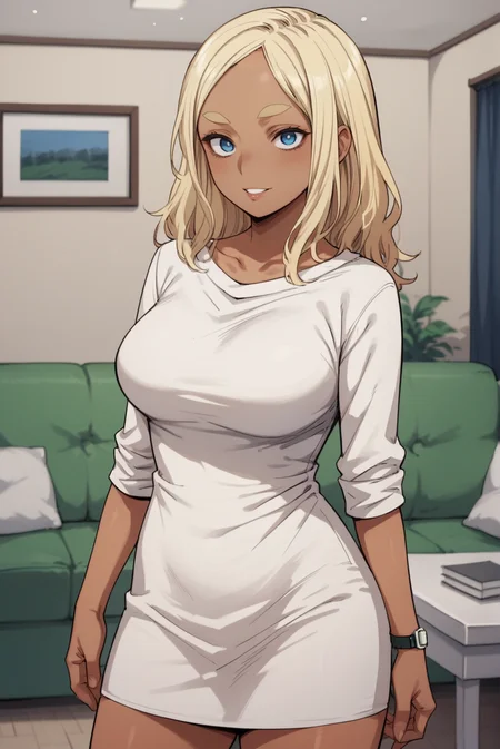 score_9, score_8_up, score_7_up, score_6_up, score_5_up, score_4_up, BREAK source_anime, 1girl, solo,
<lora:MerylXL-v1-07:0.7>, ChopioMeryl, dark-skinned female, long hair, blonde hair, thick eyebrows, blue eyes, looking at viewer,
large breasts, thick thighs,
outfit_1, white dress, short dress, sweater dress, sleeves pushed up, wristwatch,
living room, standing, smile, parted lips,