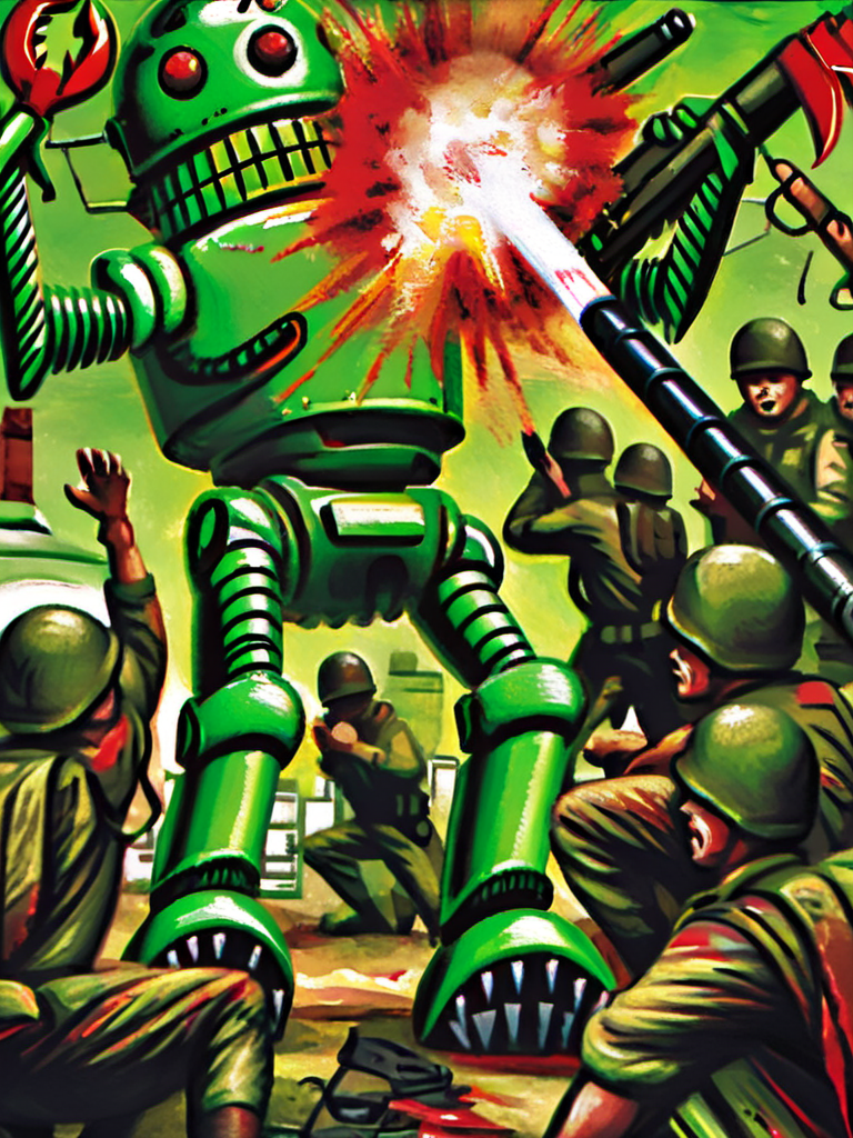 a painting of a giant green robot with red claws holding a soldier in the claw and a group of soldiers around him, with a cannon firing at the robot in the foreground
<lora:Mars_Attacks_XL_Topps:1>