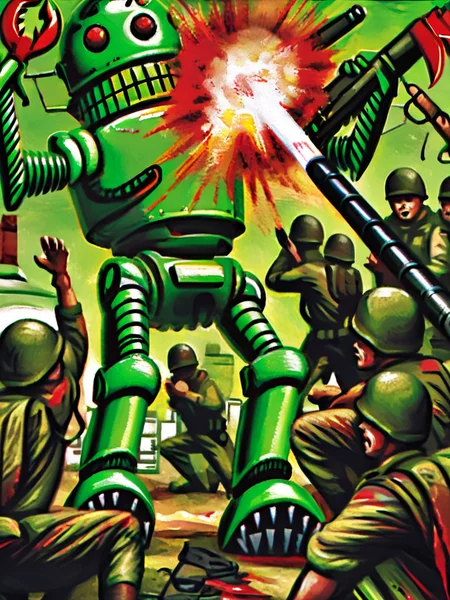 a painting of a giant green robot with red claws holding a soldier in the claw and a group of soldiers around him, with a cannon firing at the robot in the foreground
<lora:Mars_Attacks_XL_Topps:1>