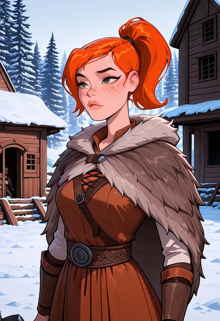 ((screencap, cartoon)) , masterpiece, best quality, amazing quality, very aesthetic, absurdres, newest,
ovgwen, orange hair, 1girl, freckles,, lips
ponytail, viking axe, cinematic shot, movie,
inside viking house, viking village, ice, snow, viking clothes, wolf pelt, wolf head, wolf cloak, Wolf_pelt_pauldron