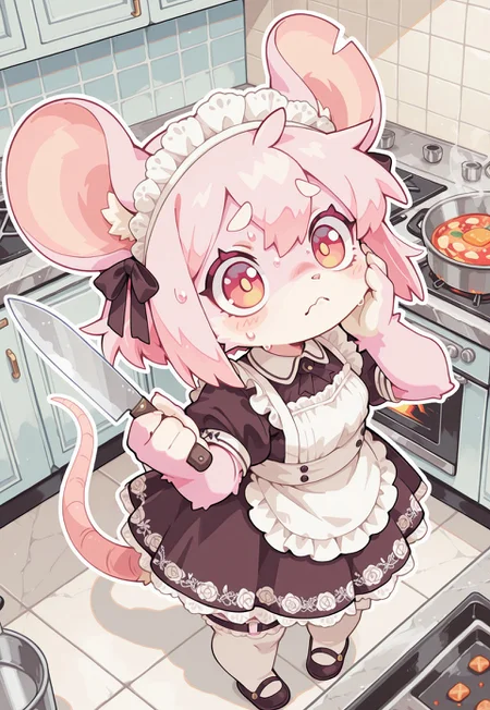 S4bit4mago_illu, anime style, s0wasow4rt_illu, masterpiece, newest, masterpiece, best quality, high quality, newest, highres, absurdres, <lora:sowasowart_style-000016:1>, S4bit4mago_illu, anime style, s0wasow4rt_illu, masterpiece, best quality, high quality, newest, highres, absurdres, score_9, score_8_up, score_7_up, Nameless_Style, rat girl, _Style, rat, furry:1.2, Cartoon_Type, curvy, fluffy1.3, shortstack rat girl, lace styled dress, maid outfit, kitchen, dress, from above, panoramic view of kitchen, thick white outline, slightly chubby, white lace, hand on face, thigh garter, face focus, fabric, intricate lace, intricate details:1.2, long dress, pink fur, stockings, cooking, standing upright, pigeon-toed, tail, holding knife, nervous, at an angle, dynamic angle. sweating, worried, cooking, countershade fur, stylish, pose, extremely detailed, high quality, cute background, chibi rat