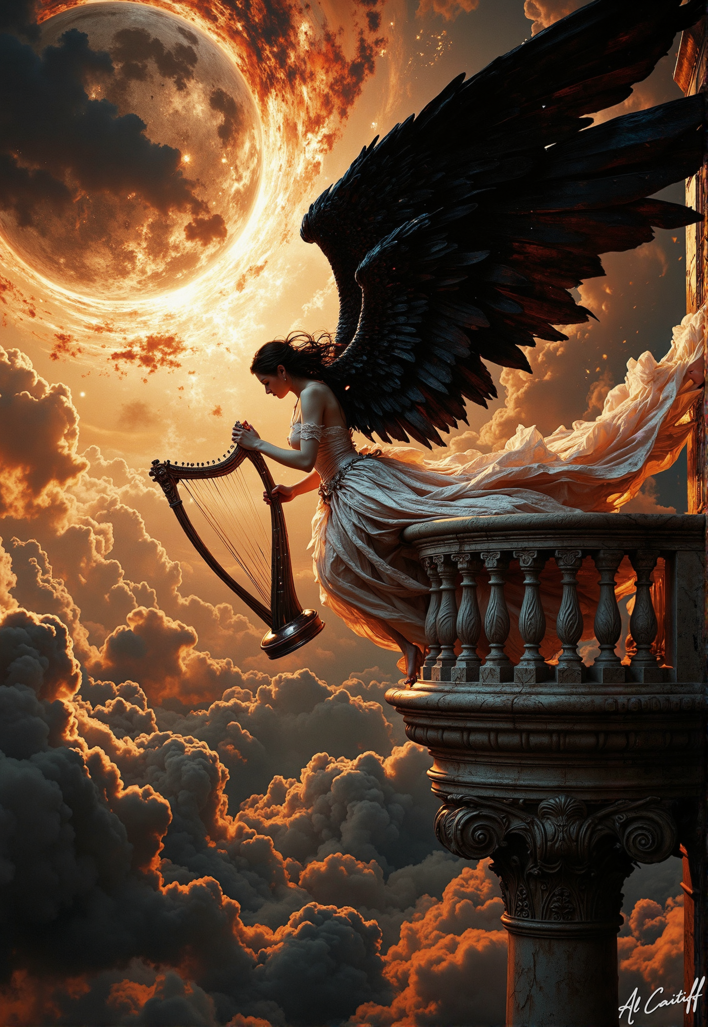 High-angle Dutch tilt shot, 35mm fisheye lens warping reality, bending the marble balcony into a precipice between worlds. The angelâher iridescent silver skin catching the dying light, black wings trembling with restrained powerâleans perilously over the edge, fingers clutching a humming silver lyre whose vibrations ripple the very air. Her tulle gown cascades like liquid moonlight over the balustrade, threatening to unravel into the abyss below. Behind her, the sky convulses: storm clouds spiral like damned souls around her halo of golden light, while the bloated sun bleeds crimson onto her faceâhalf in radiance, half in shadow. This is no idle reverie; sheâs listening, waiting... for the discordant note that will decide whether to save the world or let it burn., fg<lora:CustomFlux/MysticFantasy.safetensors:0.25000000000000006:0.25000000000000006> <lora:CustomFlux/MysticRealism.safetensors:0.7500000000000001:0.7500000000000001> <lora:Flux/Stylized-Super-Texture.safetensors:0.5000000000000001:0.5000000000000001> <lora:Flux/Epic-Characters_v1.safetensors:0.25000000000000006:0.25000000000000006>