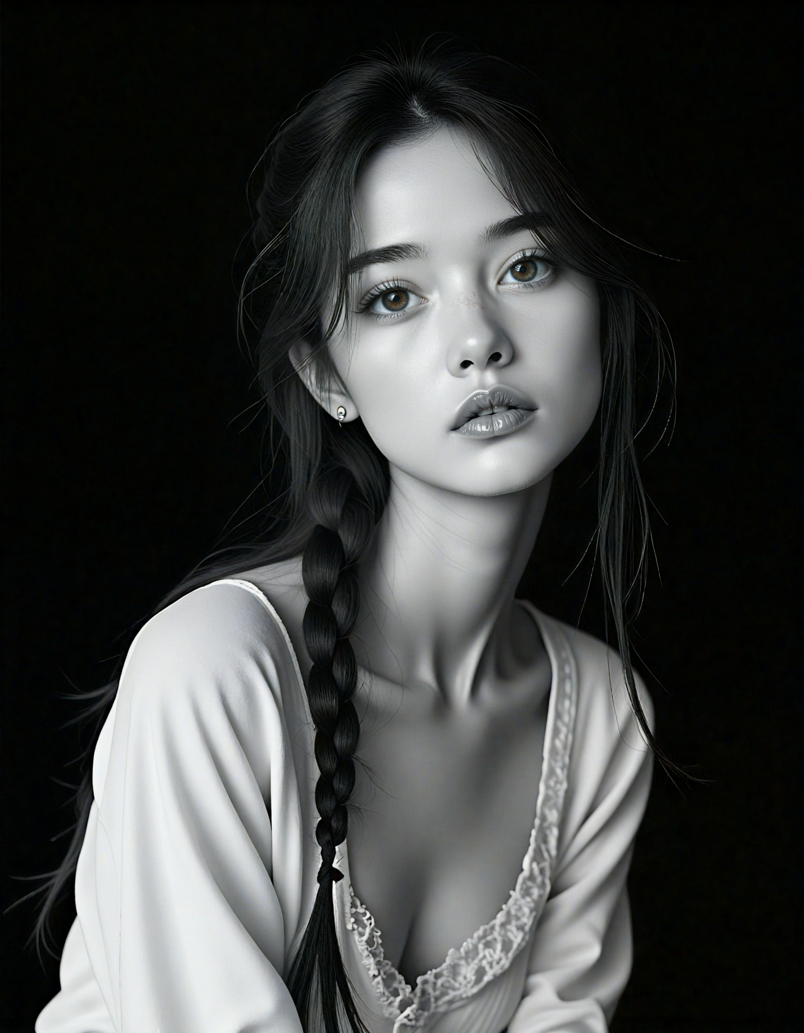 a high-resolution black-and-white photograph featuring a young woman with light skin and long, dark hair styled in a loose braid draped over her shoulder, she has a serious, contemplative expression with large, almond-shaped eyes looking directly at the camera, her lips are full and slightly parted, giving a sense of introspection, she is wearing a partially unbuttoned, light-colored blouse with a high collar, which appears to be made of a soft, textured fabric, the blouse is adorned with delicate lace details, adding a touch of elegance to her attire, the background is a solid, dark black, which contrasts sharply with her light skin tone, making her the focal point of the image, the lighting is soft and diffused, casting subtle shadows that accentuate her features and the texture of her clothing, the overall mood of the photograph is introspective and contemplative, with a focus on the subject's face and the delicate details of her attire and accessories, the photograph captures a moment of quiet introspection and introspection, overhead angle,medium close-up,style by luis royo