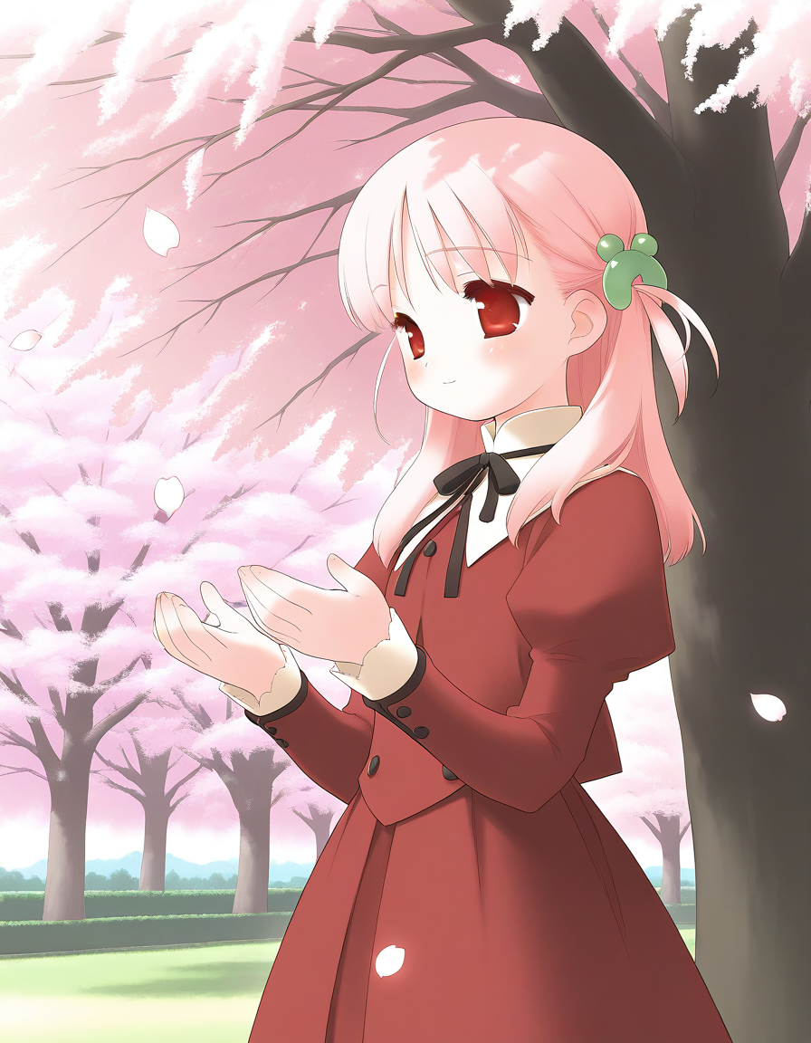 general,highres, ultra-detailed,very aesthetic,best quality ,best hands,  BREAK <lora:Kiriyama_Sakura_IS:1> KiriyamaSakura, pink hair, flat chest, red eyes, hair ornament, 
1girl, solo, tree, outdoors,  cherry blossoms, red long sleeves, red skirt,  long hair,
extreme close upã