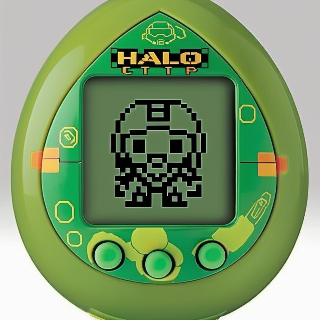 An egg-shaped, virtual pet device is featured with a central screen displaying, a  single color 8bit halo Master Chief ,The screen is encased within an while ring , <lora:egg_bit:0.75>,