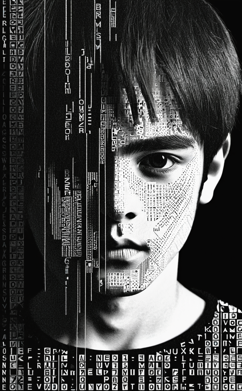 1boy,portrait composed of typographical elements,ASCII art aesthetic,monochrome,intricate details,creative use of letter shapes and negative space,high contrast,post-digital,