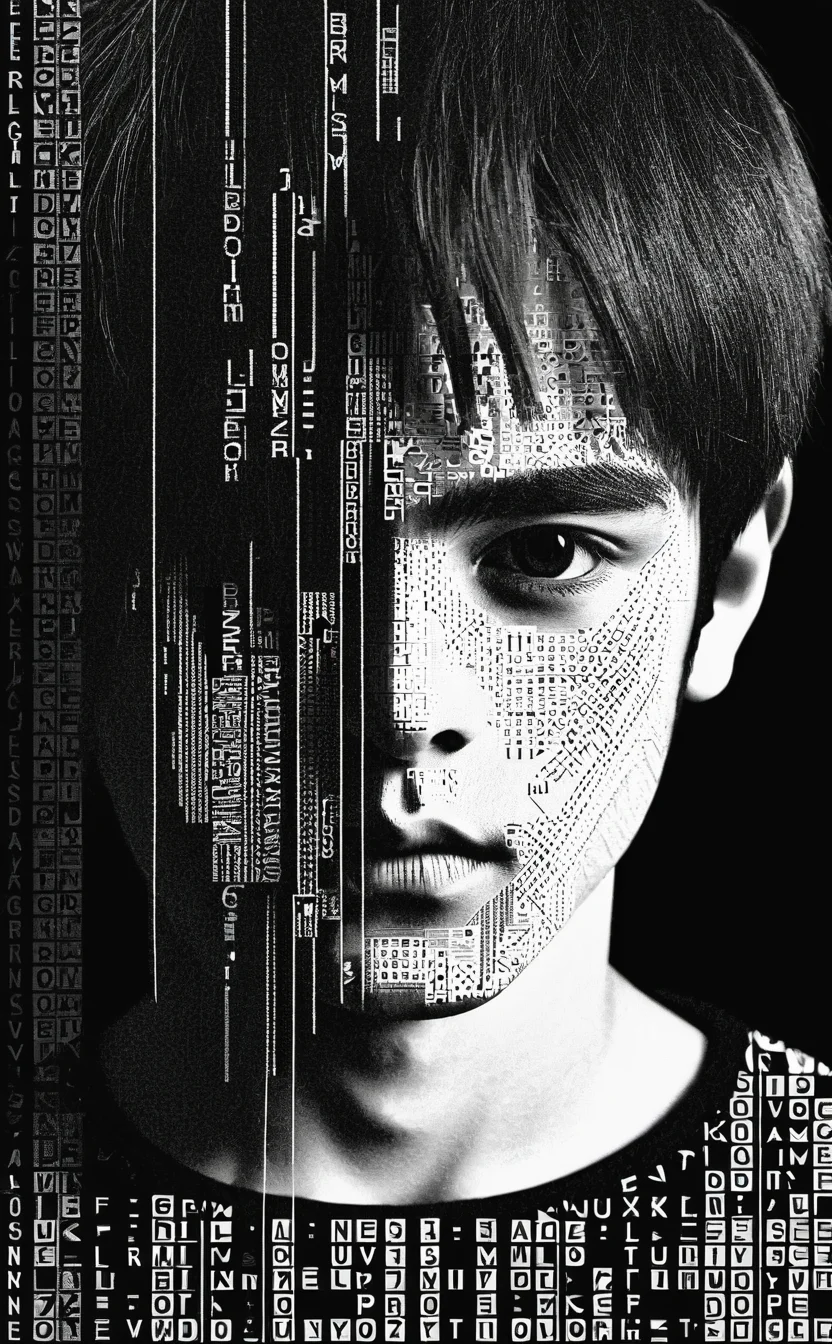 1boy,portrait composed of typographical elements,ASCII art aesthetic,monochrome,intricate details,creative use of letter shapes and negative space,high contrast,post-digital,