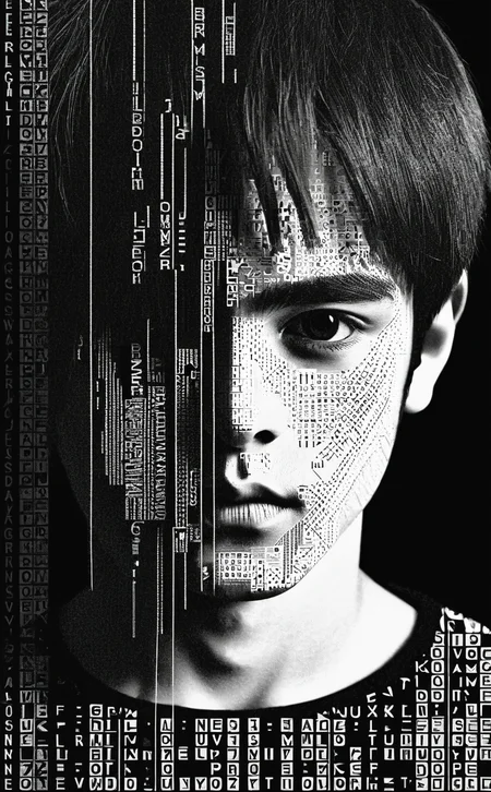 1boy,portrait composed of typographical elements,ASCII art aesthetic,monochrome,intricate details,creative use of letter shapes and negative space,high contrast,post-digital,