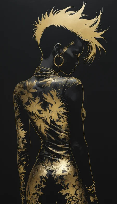 a beautiful punk woman, very detailed, silhouette with gold foil
<lora:SDXLPaintSplash:0.2>