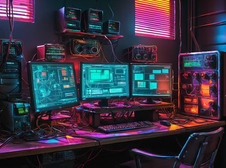 masterpiece, best quality,
<lora:gits_style:0.6>,
gits95,
, no humans, cable, scenery, monitor, chair, computer, keyboard (computer), mouse (computer), wire, table,hologram,
retro artstyle,cyberpunk ,neon,natural light,detail shadow