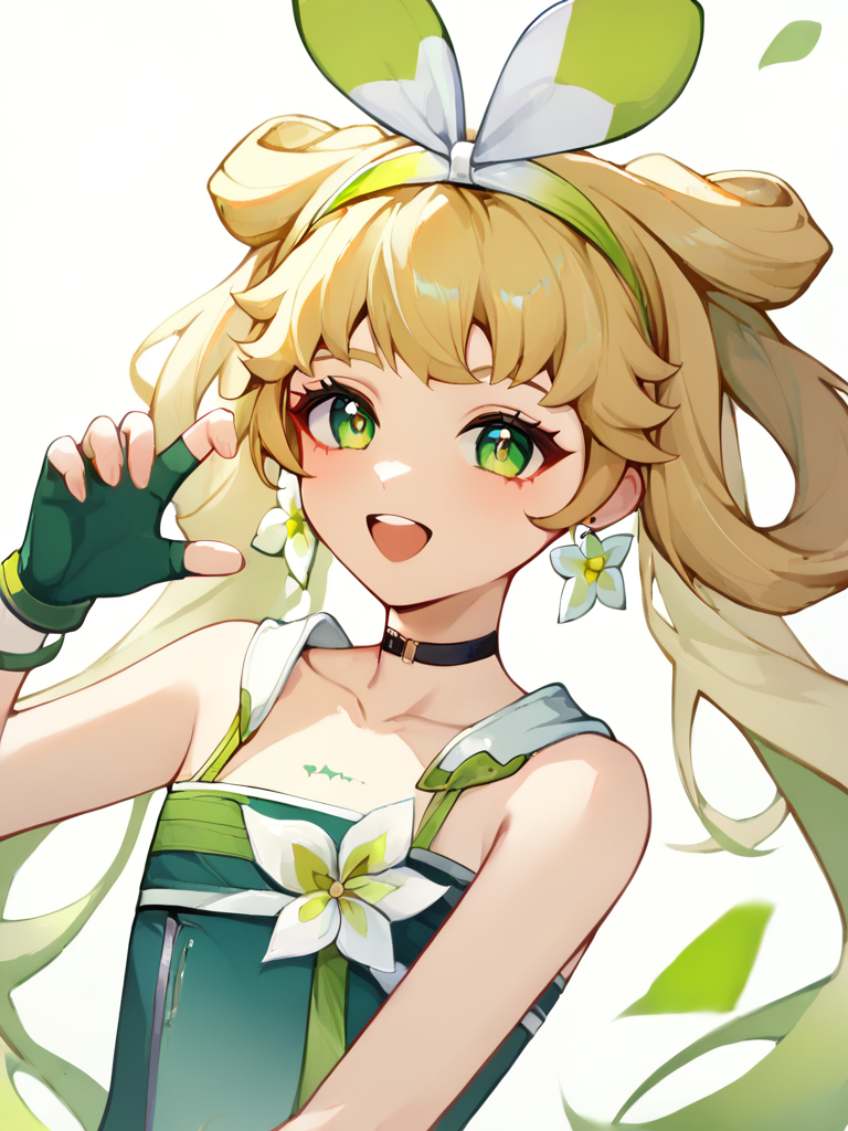 score_9,score_8_up,score_7_up,  <lora:wuthering_waves_all:1>ï¼1girl, solo, simple background, white background, floating hair, looking at viewer, outstretched arm, outstretched hand, blush, open mouth, upper teeth only, green eyes, eyelashes, blonde hair, bow hairband, long hair, white hairband, sidelocks, twintails, collarbone, fingerless gloves, green dress, green gloves, sleeveless dress, bare shoulders, black choker, green ribbon, absurdres, flower earrings, highres, :d, artist name, white flower, english commentary, tacet mark (wuthering waves), unfinished, verina (wuthering waves)
