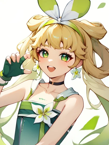 score_9,score_8_up,score_7_up, <lora:wuthering_waves_all:1>ï¼1girl, solo, simple background, white background, floating hair, looking at viewer, outstretched arm, outstretched hand, blush, open mouth, upper teeth only, green eyes, eyelashes, blonde hair, bow hairband, long hair, white hairband, sidelocks, twintails, collarbone, fingerless gloves, green dress, green gloves, sleeveless dress, bare shoulders, black choker, green ribbon, absurdres, flower earrings, highres, :d, artist name, white flower, english commentary, tacet mark (wuthering waves), unfinished, verina (wuthering waves)