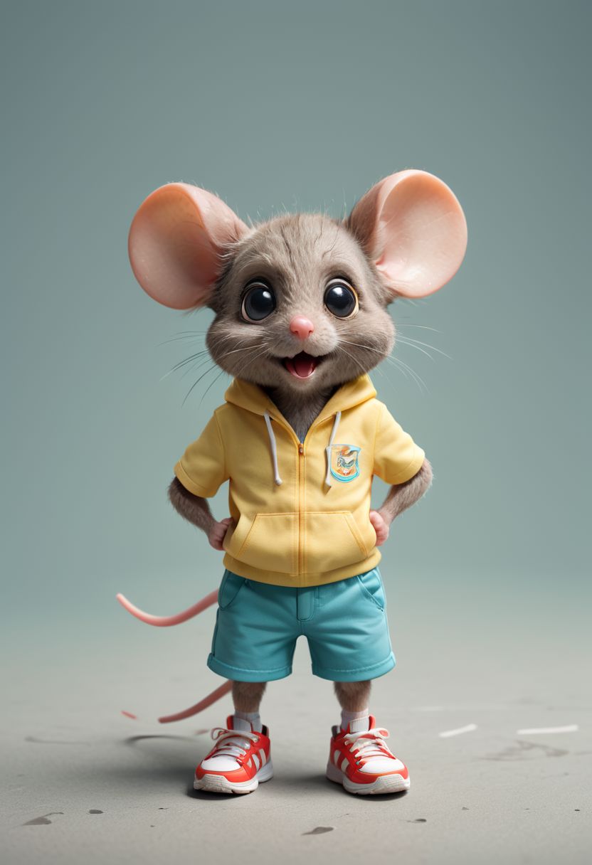 Cute little happy miniature chibi mouse with big comically bright eyes, wearing shorts and tennis shoes,