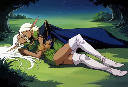 4K, masterpiece, sensual art piece,2girls, different characters, First character Pirotess, second character Deedlit, lying in the grass, seducing each other, flirting each other, embracing each other, highly detailed gorgeous face,
Pirotess, dark elf,wears a diaphanous dress, center opening , see-through dress,white thigh boots, tighhighs, gold choker, white hair,
Deedlit , elf, wears green leotard,blond hair, blue cloak, barefooted
magic forest, starry background