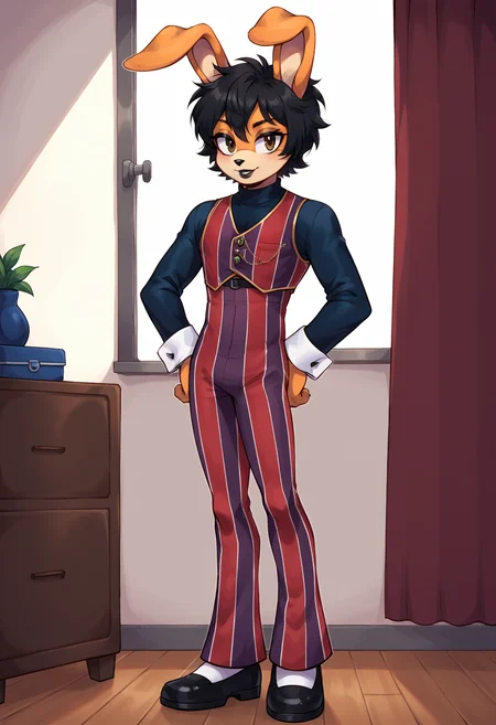 score_9, score_8_up, sonic \(series\), rating_safe, anthro rabbit, rabbit ears, twink, femboy, fluffy hair, black hair, black lipstick, short hair, Emo bob, brown eyes, orange fur, <lora:Robbie_Rotten_outfit:0.8>, Robbie Rotten outfit, solo, long sleeves, striped, pants, vest, vertical stripes, pinstripe pattern, striped pants, black shoes, standing, wrist cuffs, indoors, bedroom