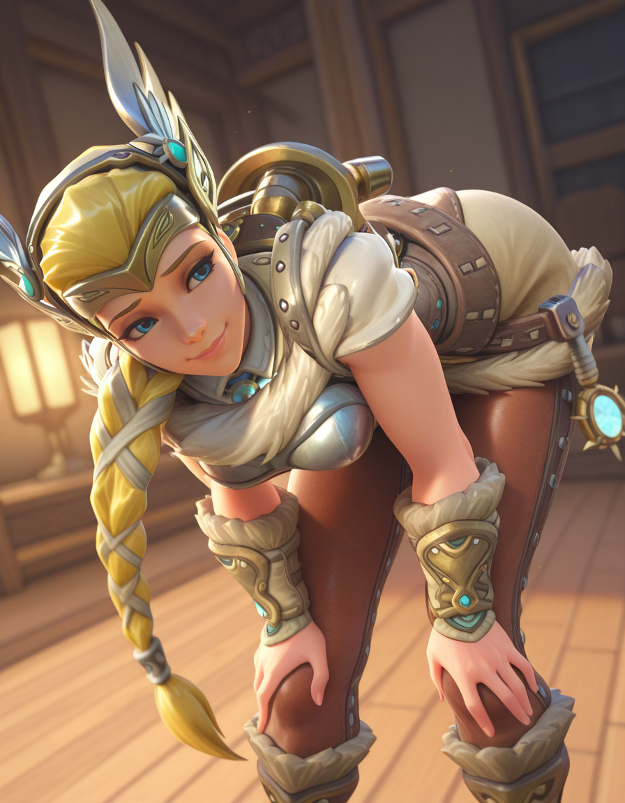 Masterpiece, high-res, 2k, best quality, 2.5d, 1girl, valkyrie mercy, mercy (overwatch) <lora:valk_mercy_illus-000043:1> Bent over hands on knees, Enchanted kaleidoscope chamber with shifting patterns and colors.