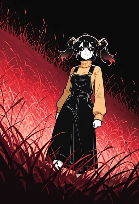 masterpiece, best quality, amazing quality, very aesthetic, absurdres, newest, detailed background, foreground blur, (( cartoon,  )),
cassidyfnaf, 1girl, twintails, black hair, hair ornament, long sleeves, yellow sweater, hair bobbles, turtleneck sweater, black overalls dress, medium breasts, 
monochrome, red theme, black sclera, black tears, red grass, tall red grass, black sky, no trees, walking in grass, angry,