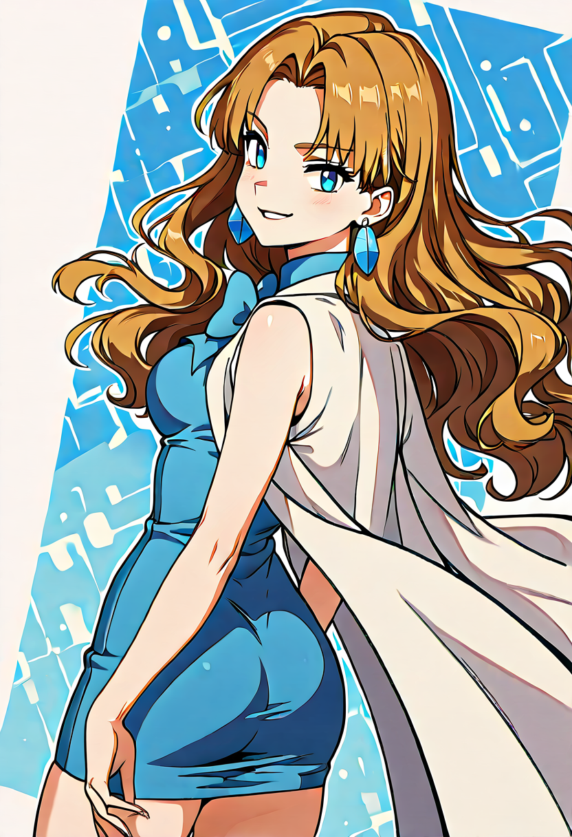 masterpiece, best quality, solo, curvy, beautiful eyes, narrow waist, wide hips, 1girl, solo, smile, looking at viewer, dynamic angle, foreshortening, close up,    zzMolly, molly hale, blue eyes, brown hair, parted bangs, long hair, blue dress, jewelry, earrings, blue bowtie, sleeveless, blue bow, white coat, abstract blue crystal background,    ,<lora:MollyHalePokemonIXL:1.0>, over the shoulder, cowboy shot, smirk, looking back,  looking at viewer,