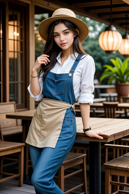 <lora:LCM_LoRA_Weights_SD15:1>,<lora:detail_slider_v4:1.2>,(friendly barista) 26yo old adult Woman, busty build, short deep indigo straight down hair, persian, ebony skin, brown eyes, wearing a stylish hat, beige classic barista shirt, linen pants, canvas apron, leather shoes, glossy lip balm, carrying a order pad,a wristwatch, set in a cozy patio, with comfortable seating, warm lighting, rustic furniture, and a relaxed vibe , during afternoon,fantasy portrait photography, beautiful eyes, ethereal beauty, magical atmosphere, whimsical element, enchanting composition, mystical storytelling, professional lighting, imaginative concept, creative styling, otherworldly aesthetic, fantasy romance, surreal visual, enchanting character, captivating narrative, intricate detail, vibrant color, fantastical landscape,