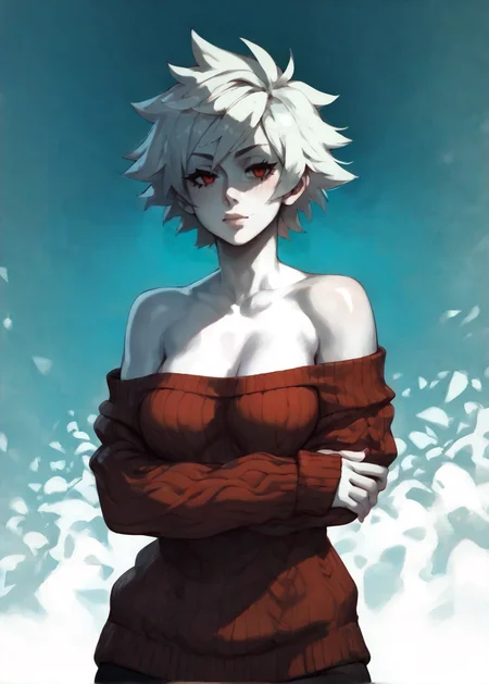 white skins, spiky red short tomboy hair, neutral expression, tight sweater, <lora:NAHIRI:1> nahiri, 1girl, solo, short hair, breasts, bare shoulders, white hair, colored skin, <lora:RD-MAnon-XLV1.1:1> female,, source_anime, score_9_up, score_7_up, score_8_up