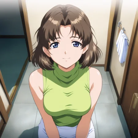 masterpiece,1girl,solo,looking at viewer,green shirt,white pencil skirt,bare shoulders,turtleneck,sleeveless,<lora:Nadeshiko_Minami ag4o v1:1> nadeshiko_minami, brown hair, short hair, blue eyes,