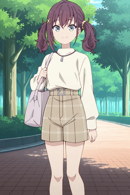 volumetric lighting, official style, amazing quality, ultra detailed, highres, detailed background, anime screenshot, anime screencap, anime coloring, masterpiece, detailed face,1girl <lora:Kurea_Furutachi__-20:0.8> Kurea_Furutachi, Kurea_Furutachi(Outfit 3), shorts, twintails, outdoors, solo, star hair ornament, smile, bag, white long sleeve sweater, long sleeves, closed mouth, looking at viewer, hair ornament, blue eyes, tree, standing, shoulder bag, purple hair, sweater, belt, day, bangs, feet out of frame, handbag, plaid shorts