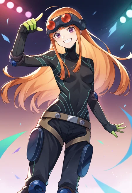 score_9, score_8_up, score_7_up, source_anime BREAK 1girl, solo,  <lora:zs_FutabaXL:1> futabaoracle, orange hair, long hair, blunt bangs, ahoge, goggles, goggles on head, black bodysuit, green gloves, black pants, belt, knee pads, purple eyes
cowboy shot, grin, rave, strobe lights, floating