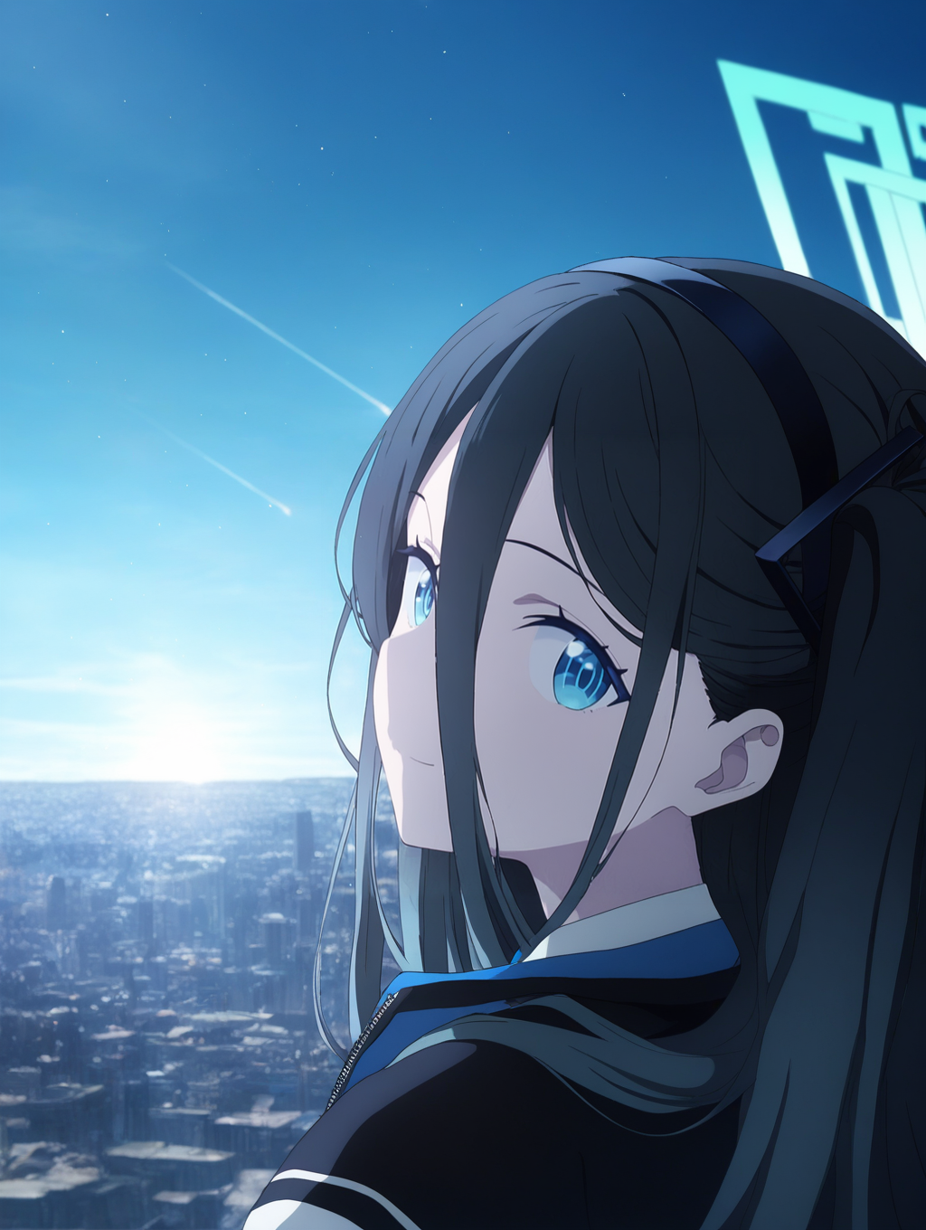 1girl, solo, portrait, 
aris \(blue archive\), 
 style-ufotable, 
halo,
 looking back,
city,blue sky , sunlight, light particles,  
shooting star, light smile,
,masterpiece, best quality, newest, absurdres, highres,
 <lora:style_ufotable_v1:1>