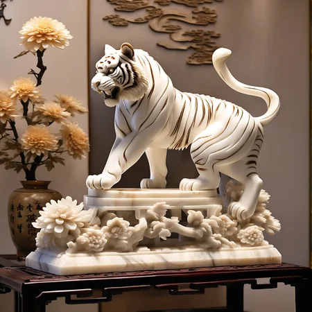 alabaster stone sculpture, artistic, chinese, masterpiece, chinese tiger looking back, chrysanthemum around, intricate shapes, in an elegant Chinese room