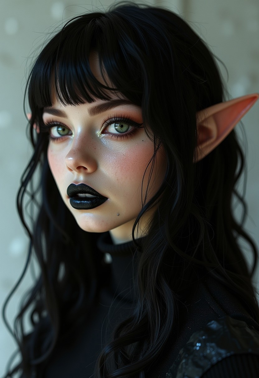 This is a highly detailed, hyper-realistic CGI image of a young woman with a striking, gothic aesthetic. She has a light skin tone and long, dark hair styled in loose waves, with bangs framing her face. Her pointed, elf-like ears suggest she might be of fantasy or mythical origin. Her eyes are a striking, piercing green, accentuated by dramatic makeup, including thick, dark eyeliner and bold, dark lipstick.