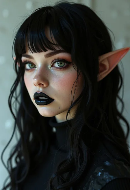 This is a highly detailed, hyper-realistic CGI image of a young woman with a striking, gothic aesthetic. She has a light skin tone and long, dark hair styled in loose waves, with bangs framing her face. Her pointed, elf-like ears suggest she might be of fantasy or mythical origin. Her eyes are a striking, piercing green, accentuated by dramatic makeup, including thick, dark eyeliner and bold, dark lipstick.