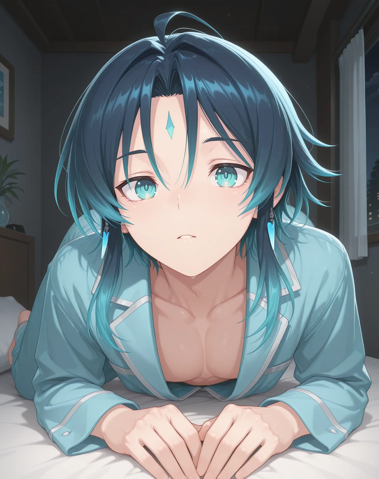 masterpiece,best quality,amazing quality, newest, very aesthetic, absurdres,
1boy, solo, yaoi, male focus, looking at viewer, full body, face focus, lying, on bed,
<lora:Nepteon_Blue_Abyss_ilxl:1> nepteonba, dark blue hair, forehead mark, aqua eyes, sidelocks,
pajamas, open clothes,
indoors, night, dark room, bedroom,