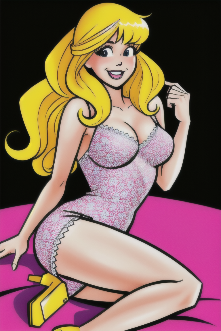 in the Guest room, (Realistic:1.5) 1girl, solo, long hair, breasts, smile, open mouth, blonde hair, Lace dress with heels, <lora:EdobBettyDanParent_v1.0:0.8>